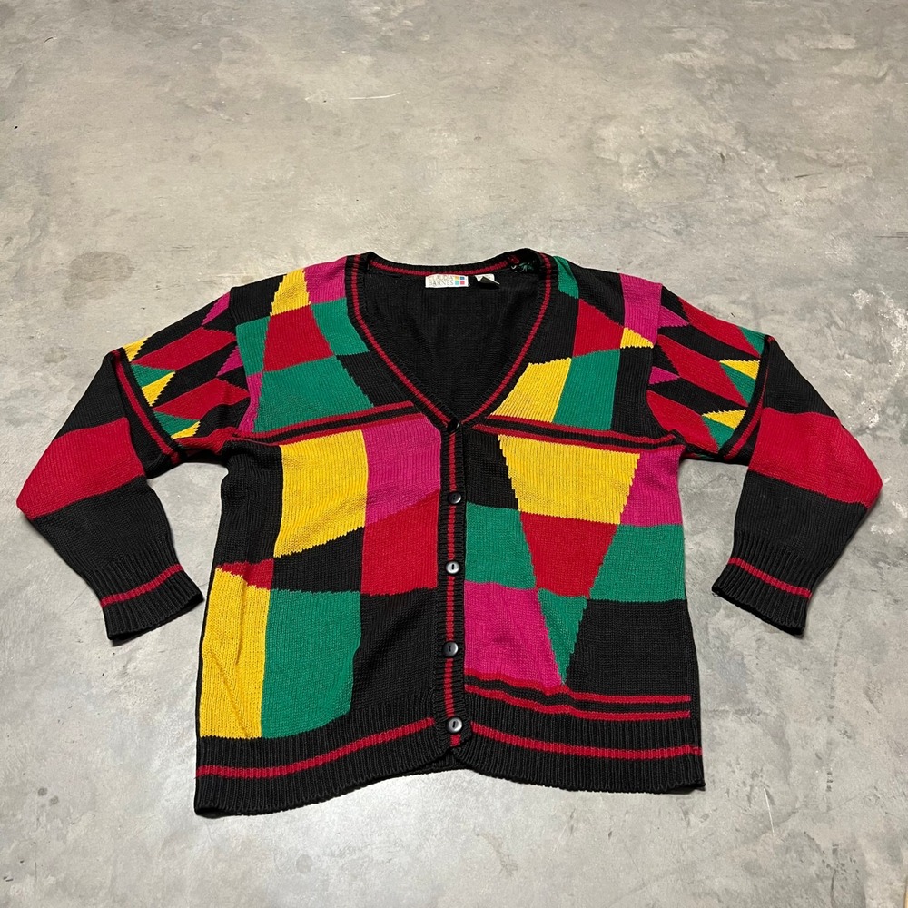Vintage Claudia Barnes Colorblock Geometric Cardigan Sweater Mens Medium Black